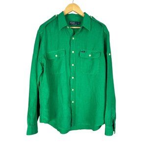 Polo Ralph Lauren Emerald Green Linen Silk Shoulder Epaulette Button Down- XL